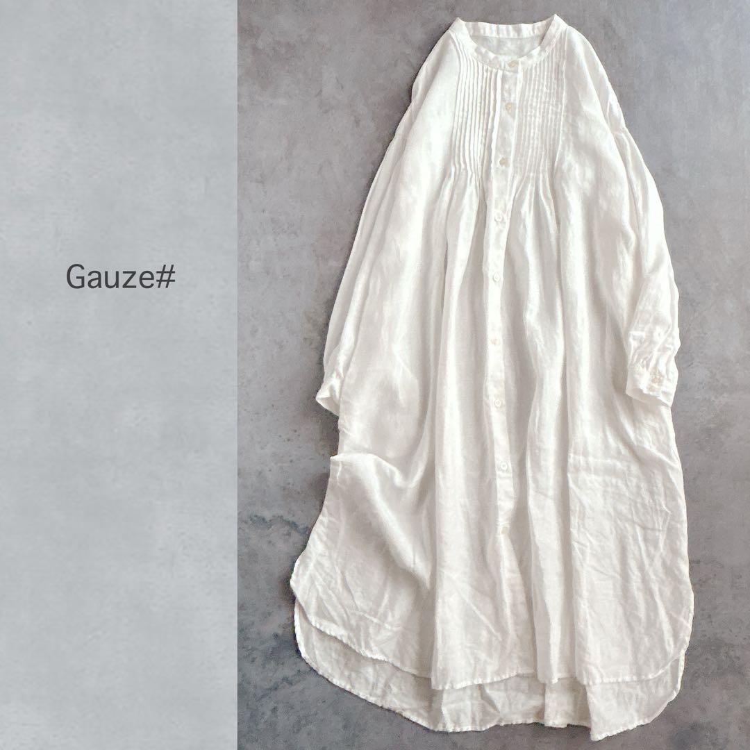 Gauze# ガーゼ ⿻ リネン バンドカラー タックワンピース 白 ナチュラル
