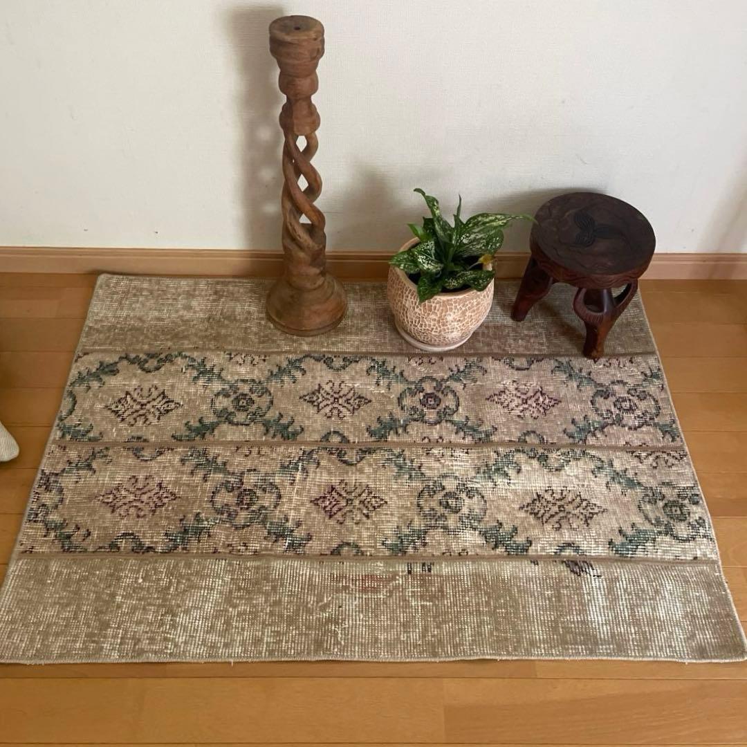 68.5×98 ベージュボタニカル　パッチワーク　トルコヴィンテージラグ