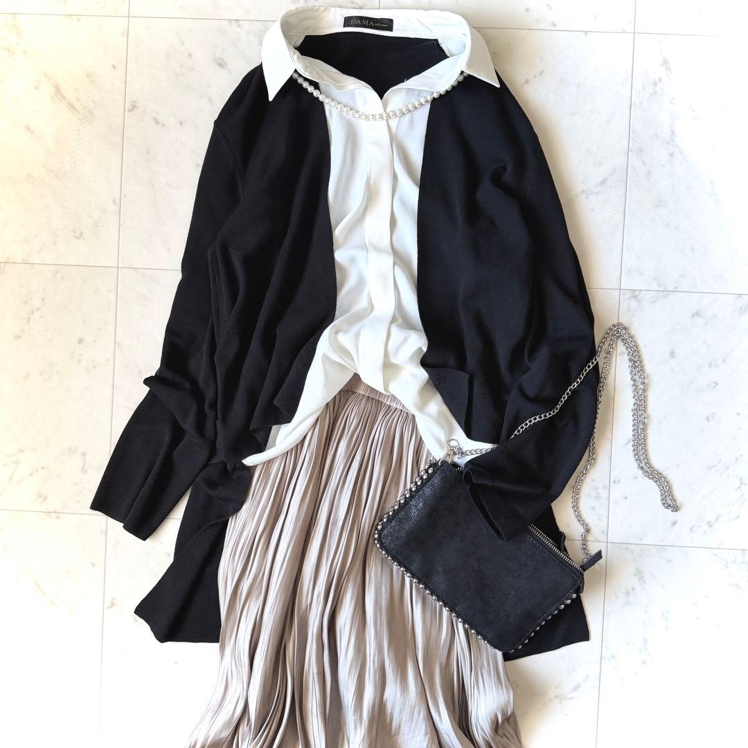 極美品 ダーマコレクション ニットカーディガンドッキングブラウス 黒×白 LL