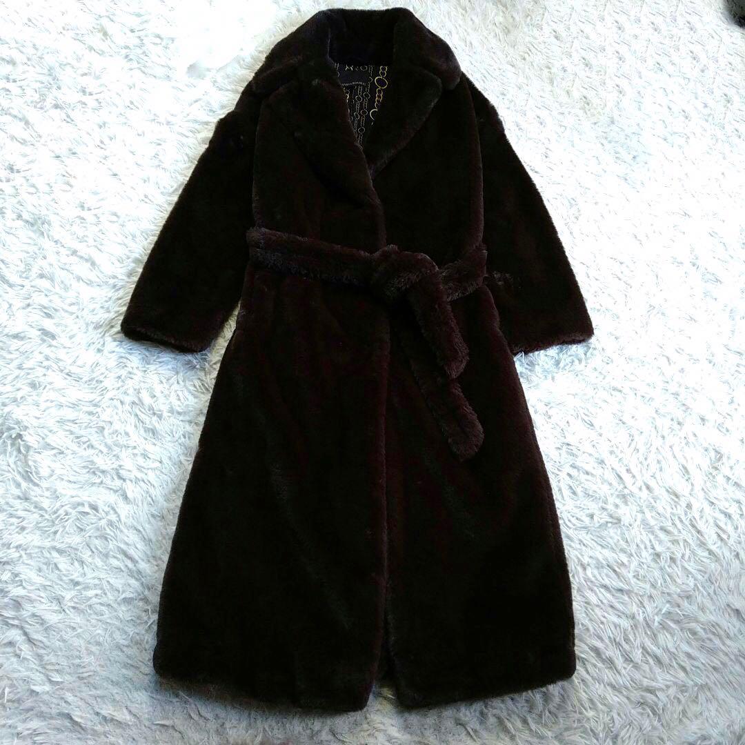 美品★バナナリパブリック ベルテッド フェイクファー ロングコート 茶色 M