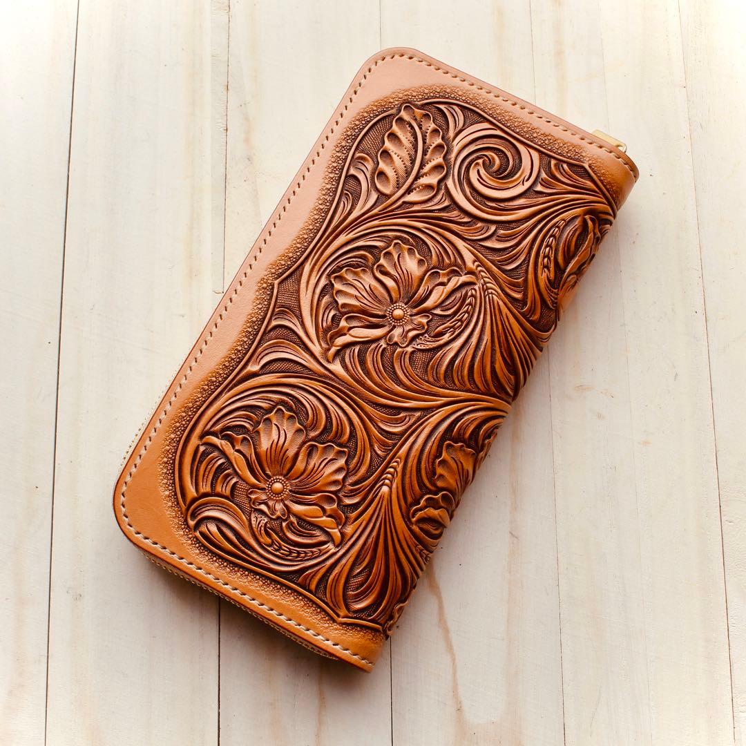 (依頼受付中)ラウンドファスナーウォレット 【カービング /ナチュラル】