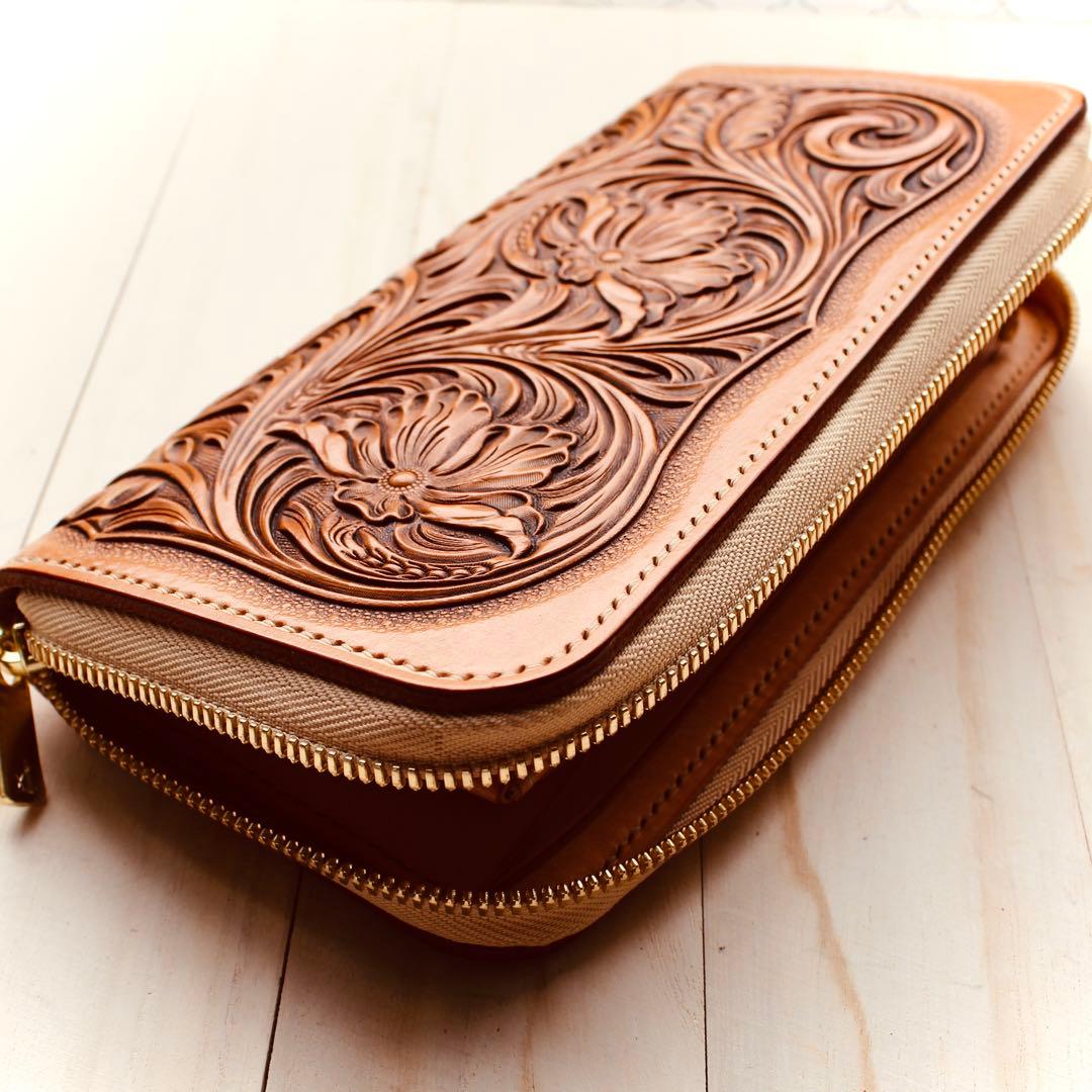 (依頼受付中)ラウンドファスナーウォレット 【カービング /ナチュラル】