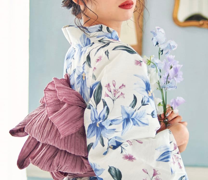 浴衣・帯セット 花柄 白地