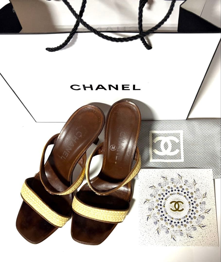 CHANELシャネル☆ブラウン ベージュ ミュール&保管袋・カード