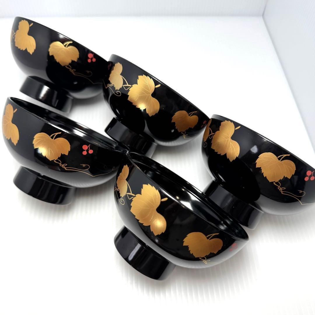 新品未使用 会津塗 吸物椀 蓋付き 5客セット つた唐草 蒔絵 漆器 共箱