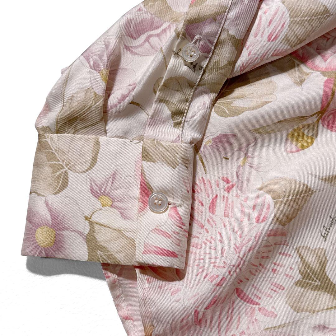 サルヴァトーレフェラガモ 花柄 シルク ボウタイ 長袖 シャツ 絹 38 ピンク