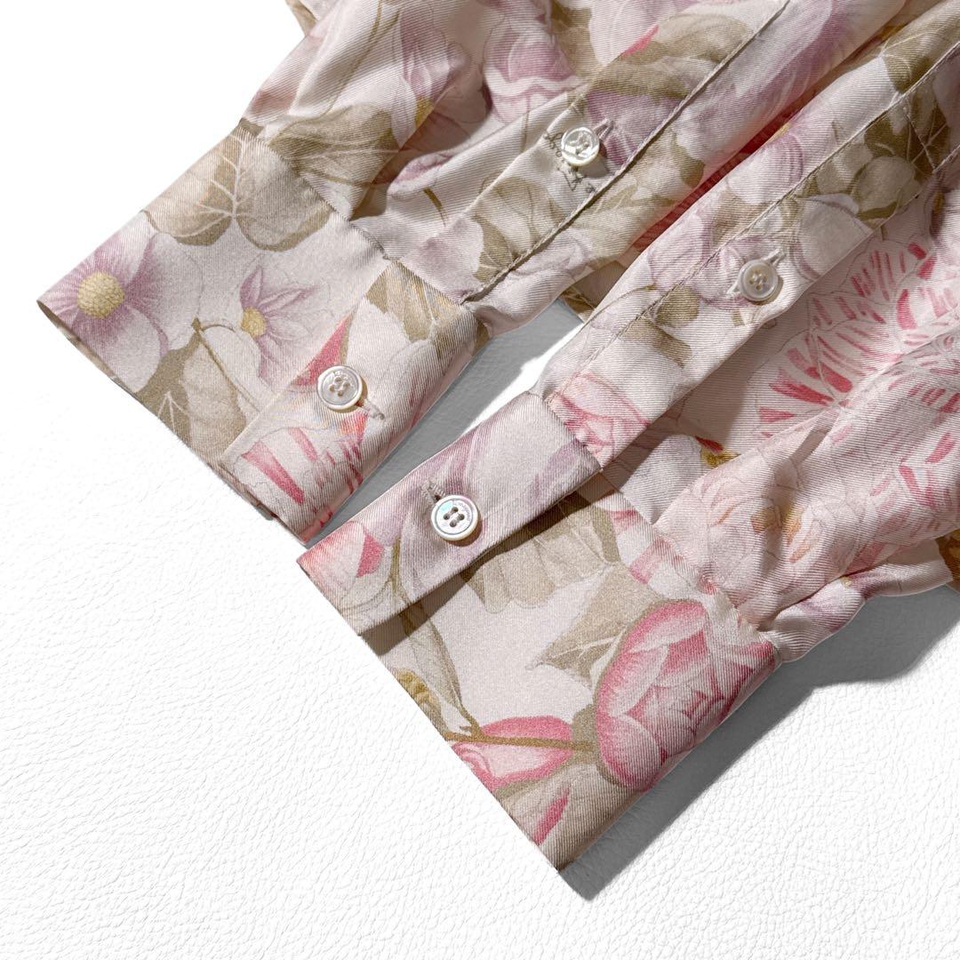 サルヴァトーレフェラガモ 花柄 シルク ボウタイ 長袖 シャツ 絹 38 ピンク