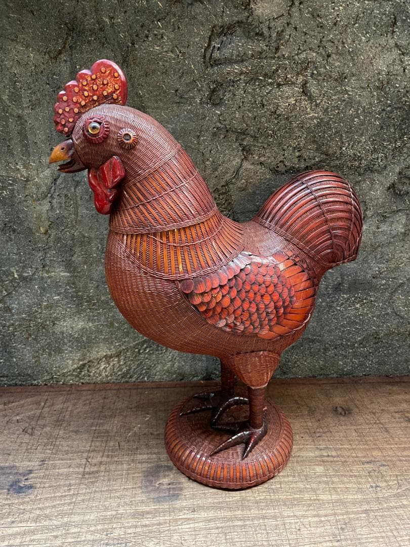 希少 1940's ヴィンテージ 上海伝統工芸 竹細工 雄鶏 ラタン オブジェ