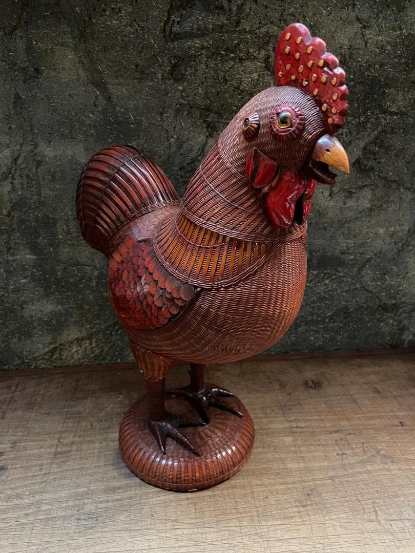 希少 1940's ヴィンテージ 上海伝統工芸 竹細工 雄鶏 ラタン オブジェ