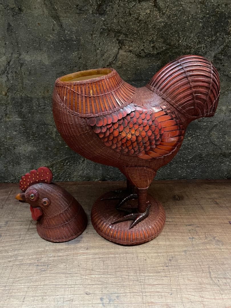 希少 1940's ヴィンテージ 上海伝統工芸 竹細工 雄鶏 ラタン オブジェ