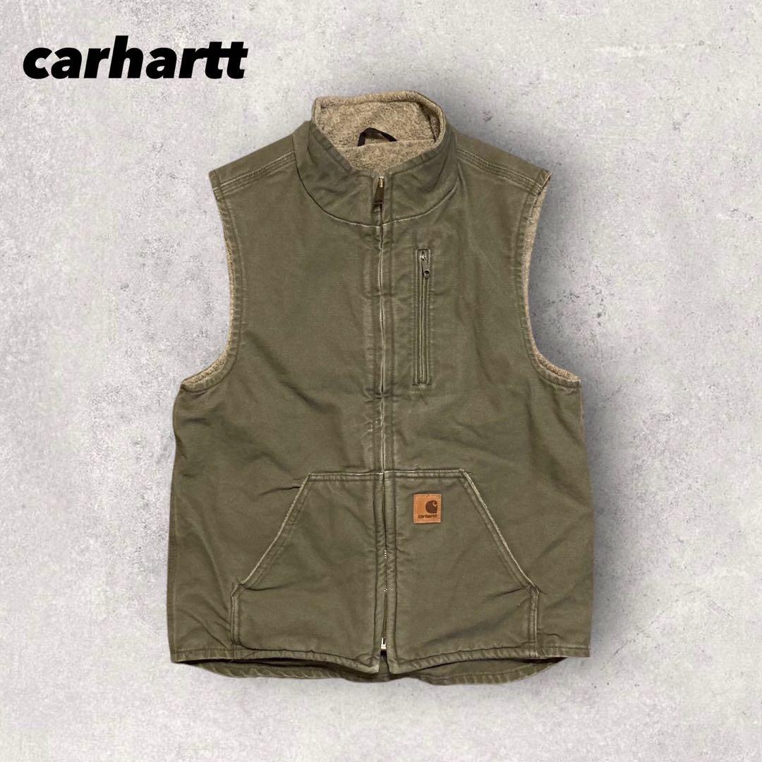 【カーハート】ダック地ベスト　裏ボア　モスグリーン　S 人気カラー　f