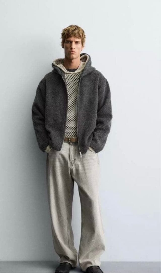 ZARA フェイクファー シャツジャケット フード付き グレー Mサイズ