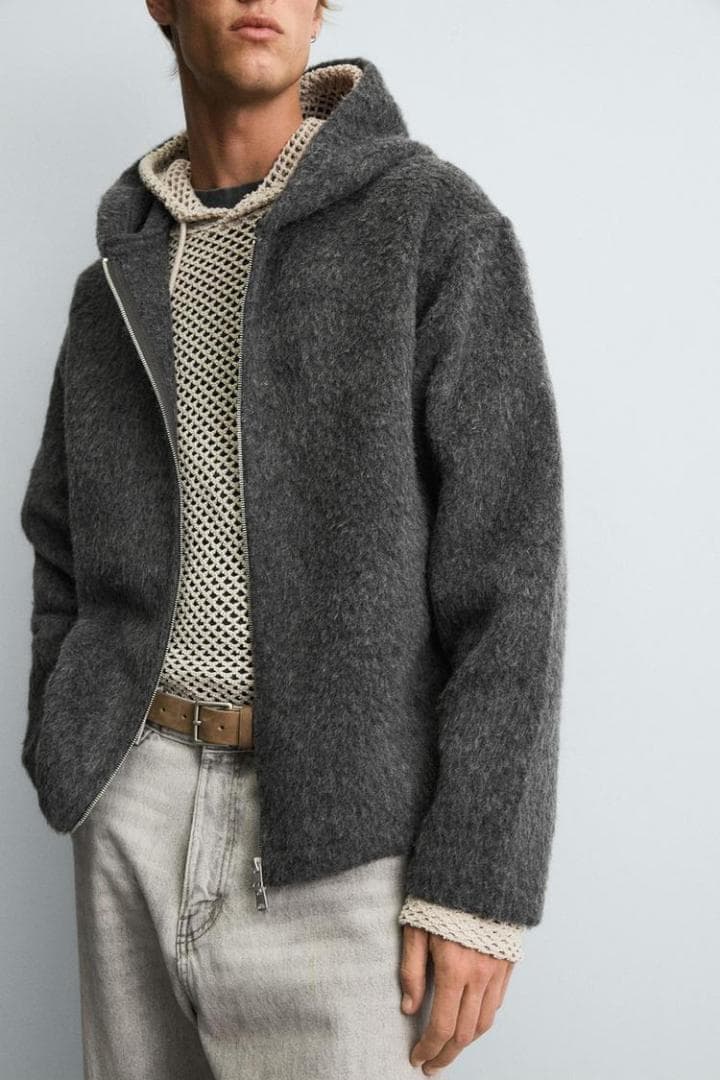 ZARA フェイクファー シャツジャケット フード付き グレー Mサイズ