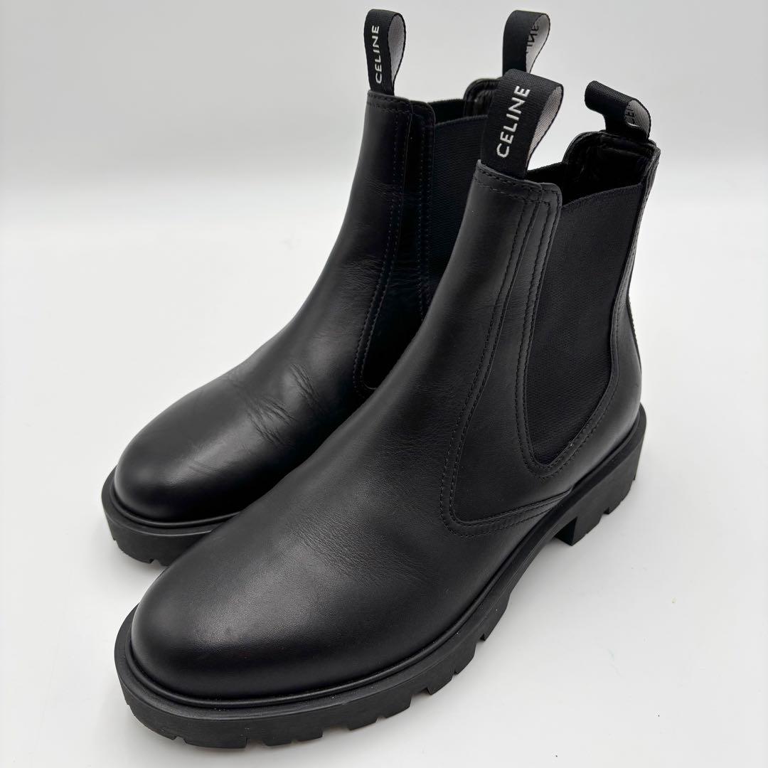 極美品 セリーヌ マーガレット チェルシーブーツ ロゴサイドゴアブーツ ブラック